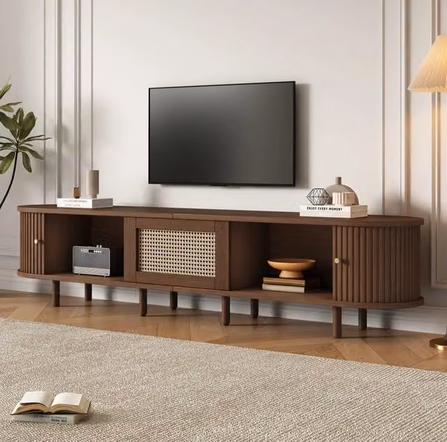 Mobile TV ovale ULEVR 180x40x40 cm con cassetto e 2 ante scorrevoli, MDF effetto noce scuro e rattan