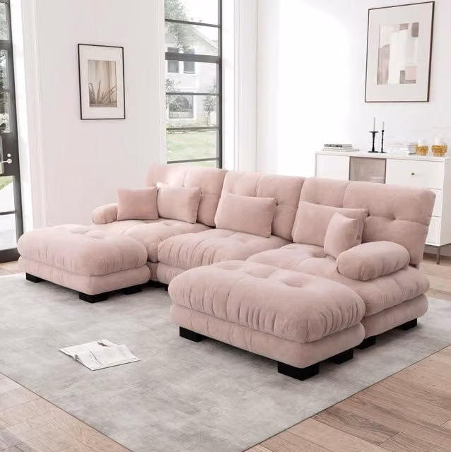 Divano modulare con ottomane mobili in ciniglia rosa
