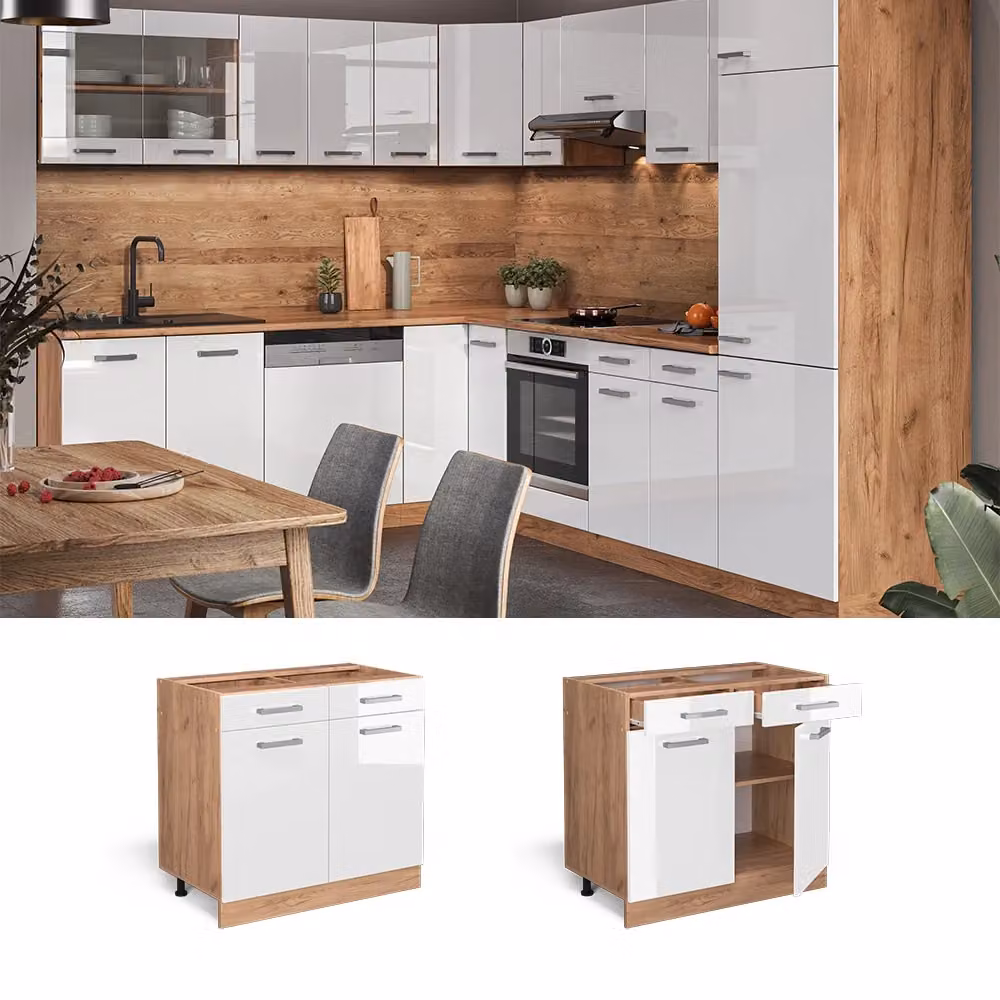 Mobiletto base per cucina Vicco R-Line moderno con ante a battente e cassetti, Bianco lucido e Rovere, L: 80 cm – 2