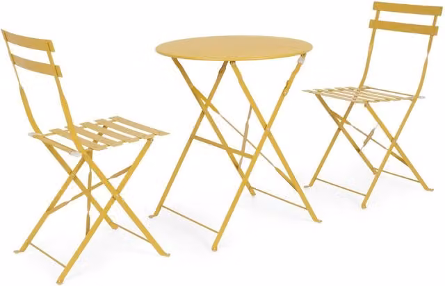 Set da esterno Bizzotto composto da tavolo rotondo pieghevole e 2 sedie in metallo giallo per giardino, terrazzo o balcone