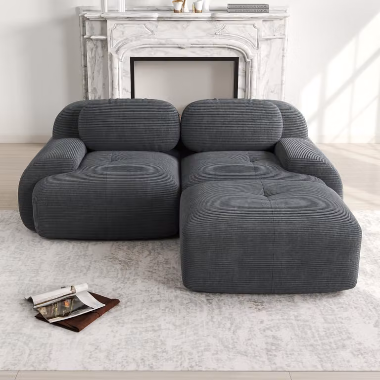 Divano angolare, rivestito in tessuto, senza struttura a vista, modulare, con braccioli curvi, senza necessità di montaggio, altamente elastico (grigio)