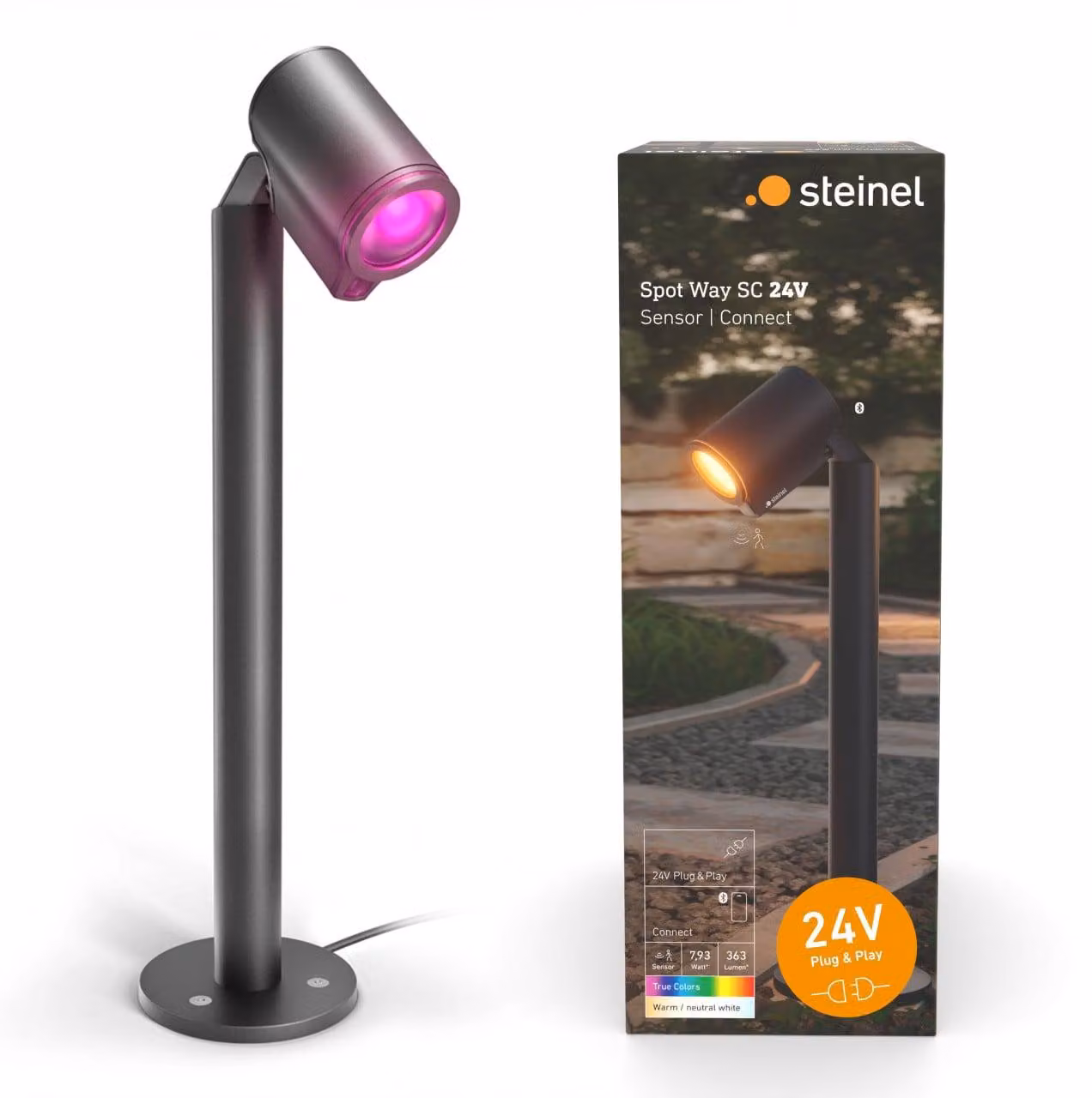 Lampada da esterno a LED Steinel Spot Way 24 V con sensore di movimento, bianco caldo-bianco neutro-RGB, antracite
