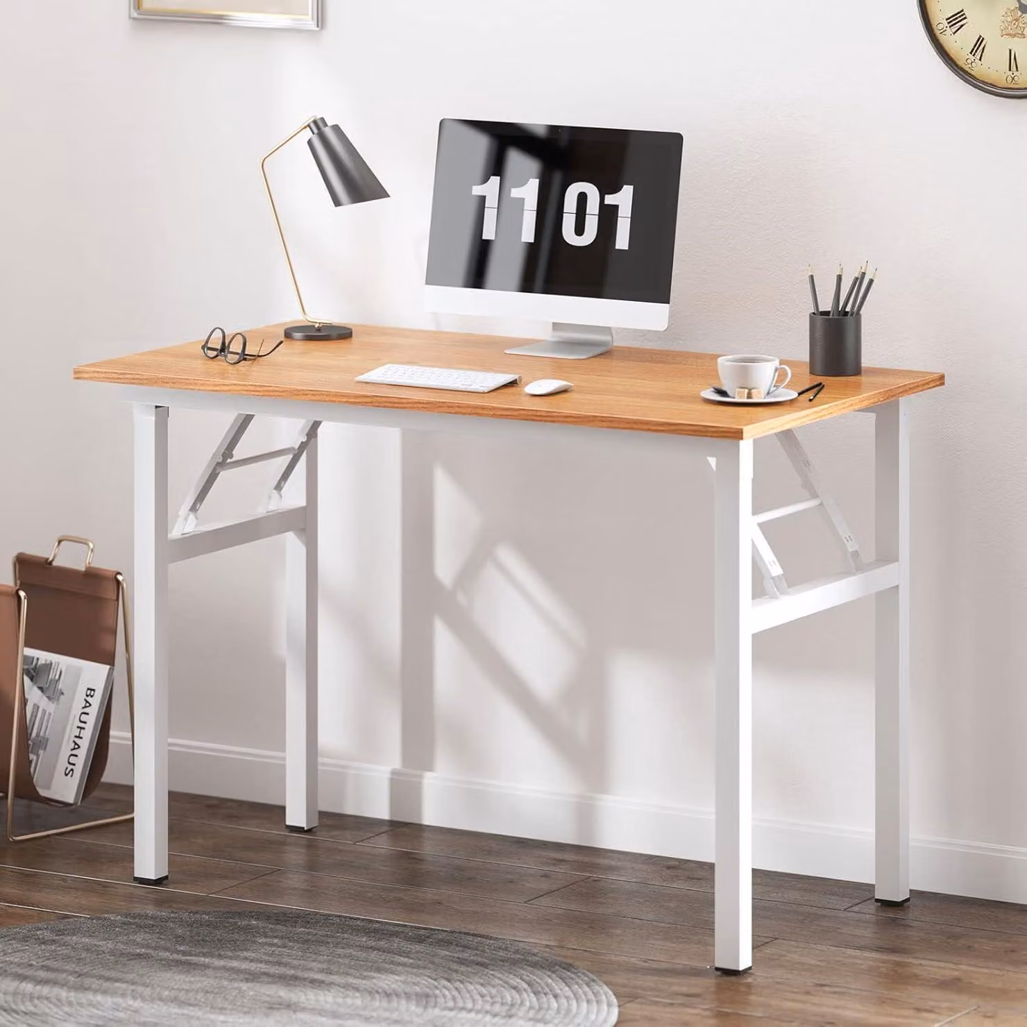 Tavolo pieghevole per computer 100x60x75 cm scrivania teak & bianco