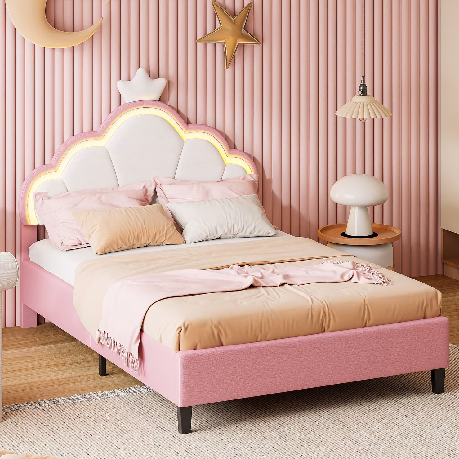 Letto UnboxG 90x200 con illuminazione LED, struttura letto 90x200 con rete a doghe, letto imbottito per giovani per camera da letto, camera degli ospiti, facile da montare, rosa, flanella, letto per ospiti 90x200