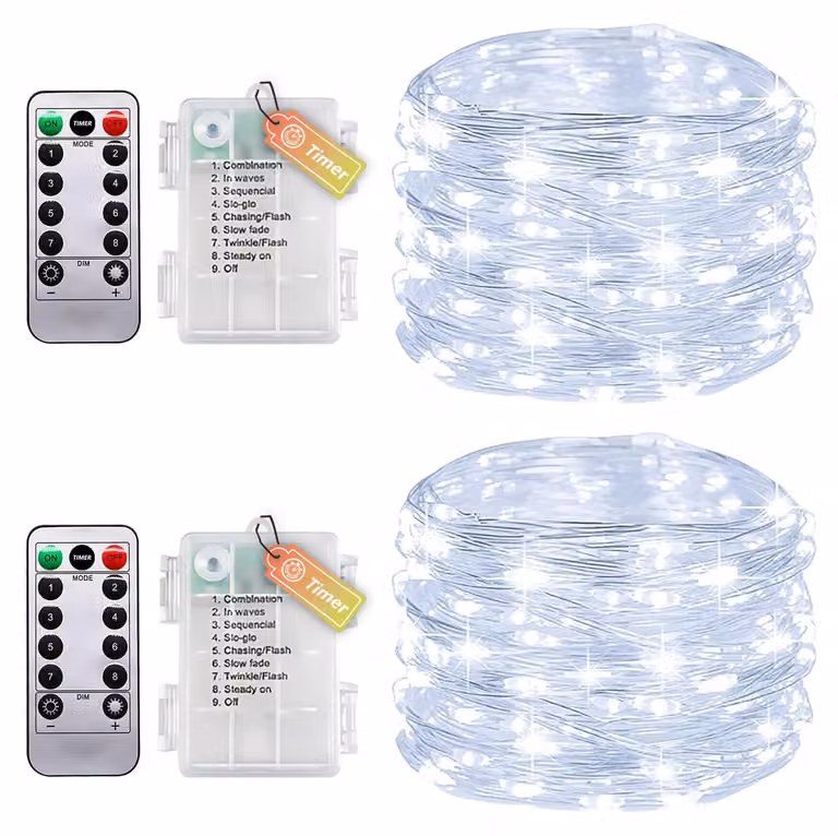 Set di 2 catene luminose, lunghezza 10 metri, 100 LED, con timer, telecomando e grado di protezione IP65