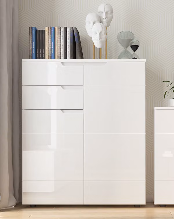 Cassettiera Paris Highboard 100x40x120cm bianco lucido a 2 ante senza maniglie