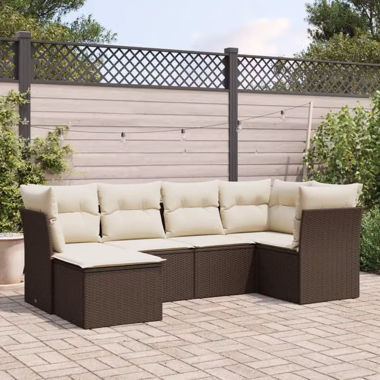 Set Divano da Giardino vidaXL 6 pz a Forma a L con Cuscini Marrone e Bianco in Polyrattan