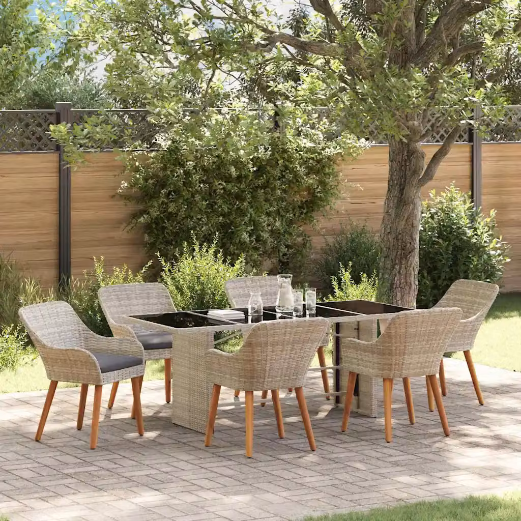 Set da pranzo per giardino e terrazza vidaXL in polyrattan e vetro, 7 pezzi, Grigio – 1