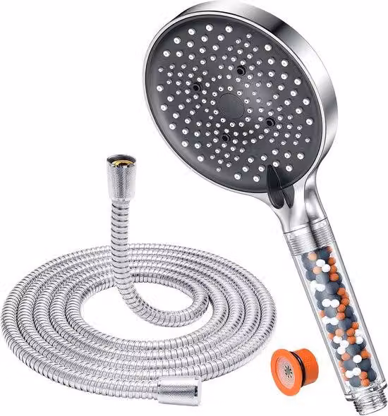 Soffione doccia a risparmio idrico con flessibile - Soffione a pioggia con 6 modalità di getto - Pezzo unico - Cromo - 130 mm