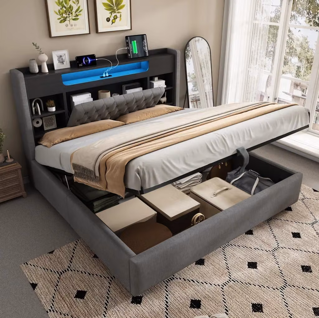 Letto matrimoniale MODFU con contenitore idraulico, illuminazione LED e porte USB/USB-C, rivestimento in lino grigio, L/P: 140 x 200 cm – 2