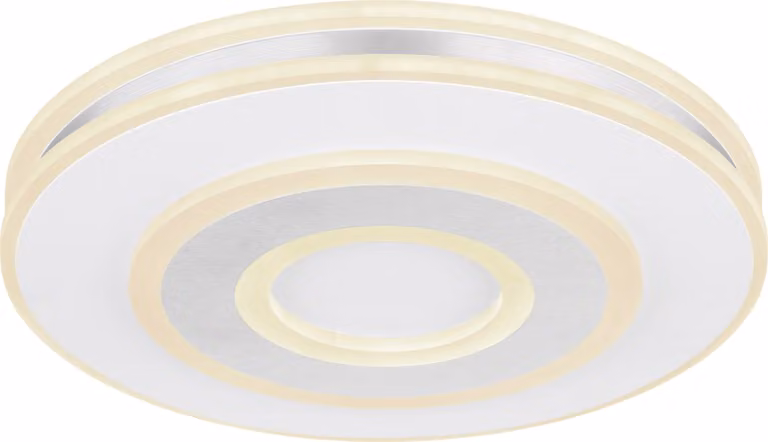 Lampada da soffitto Globo Lighting, metallo bianco, alluminio spazzolato, diffusore in acrilico opaco, dimmerabile, con più livelli di intensità controllabili tramite interruttore a muro, colori regolabili, funzione di memoria, luce notturna, telecomando,