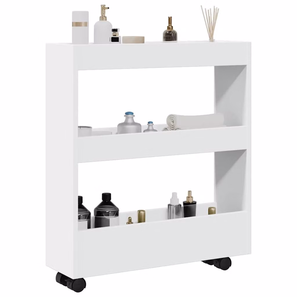 vidaXL Carrello portaoggetti stretto a 3 ripiani in MDF bianco con ruote