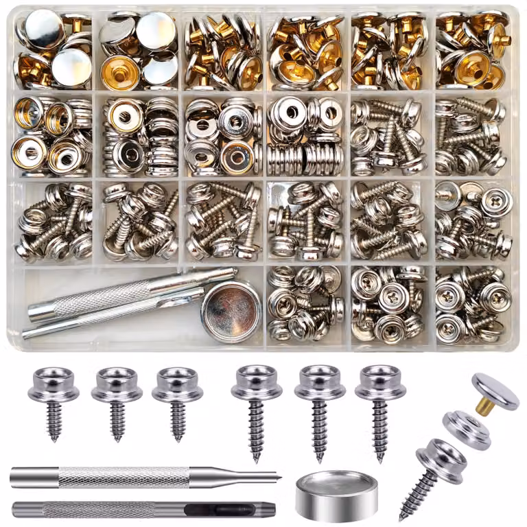 Set di bottoni a pressione da 90 pezzi, con attrezzi per l'applicazione, argento 15/10 mm