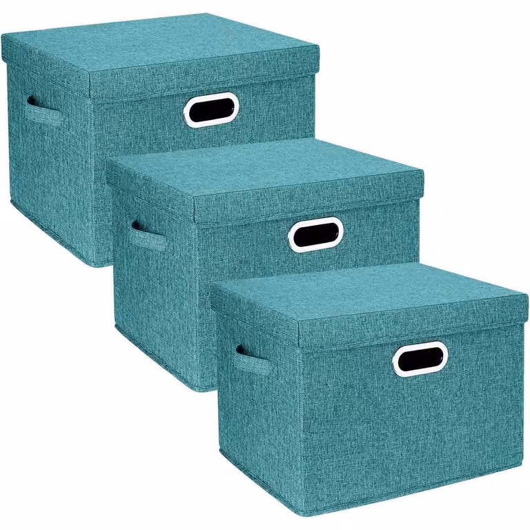 Contenitore con coperchio, in tessuto, pieghevole, lavabile, dimensioni 44x30x29 cm, confezione da 3 pezzi, colore: Aqua Deep