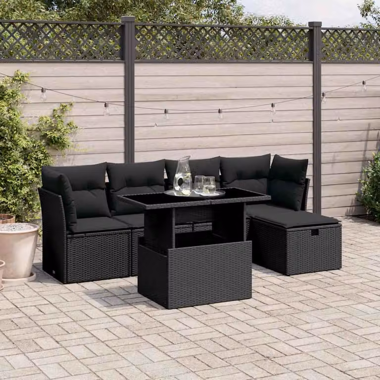 vidaXL Set Divano da Giardino 6 pz in Polyrattan Nero con Cuscini e Tavolino da Esterno
