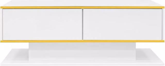 Tavolino da caffè moderno 100x50x40 cm in legno laccato bianco con finiture dorate, 3 cassetti e striscia LED RGB
