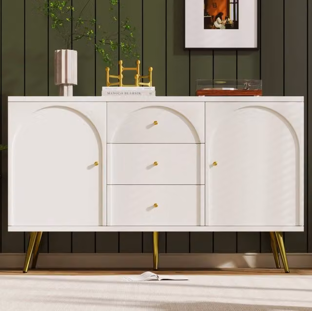 Credenza con 2 porte e 3 cassetti e ripiano regolabile, colore bianco, H 84 x L 140 x P 40 cm – 1