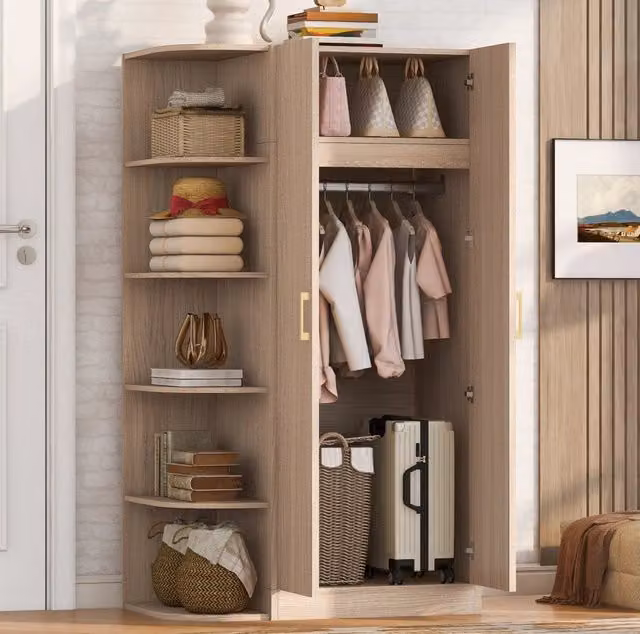 Armadio a doppia anta 90 x 55 x 170 cm con ripiani e cassetti; effetto legno; MDF