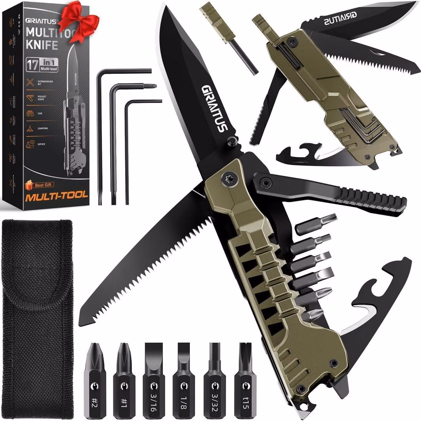 Coltello multiuso 17-in-1, accessorio da campeggio, gadget per la sopravvivenza all'aperto, con sega, cacciavite, apriscatole, fischietto, colore verde