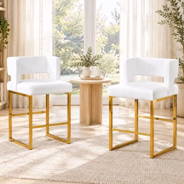 Set di 2 sgabelli bar in stile nordico con seduta quadrata imbottita, gambe in metallo dorato, altezza 91,4 cm