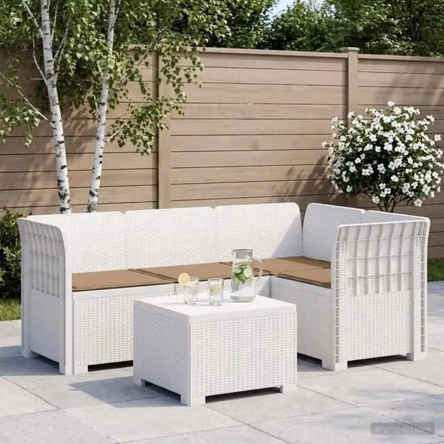 Divano da giardino a L con angolo vidaXL, set da 4 posti con cuscini beige e bianco, design moderno in rattan sintetico resistente alle intemperie – 1