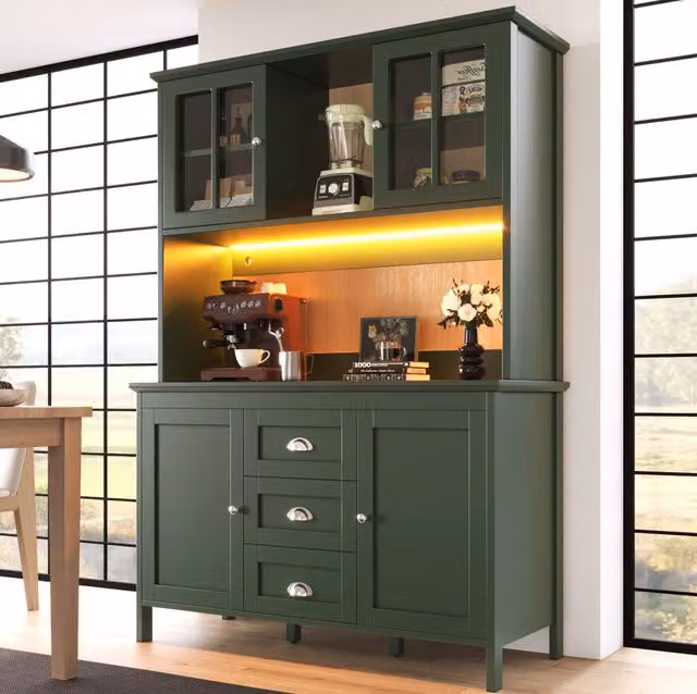 Credenza da cucina ULEVR 120x40x179 cm con ante in vetro marrone, ripiani regolabili, cassetti e LED multicolore verde