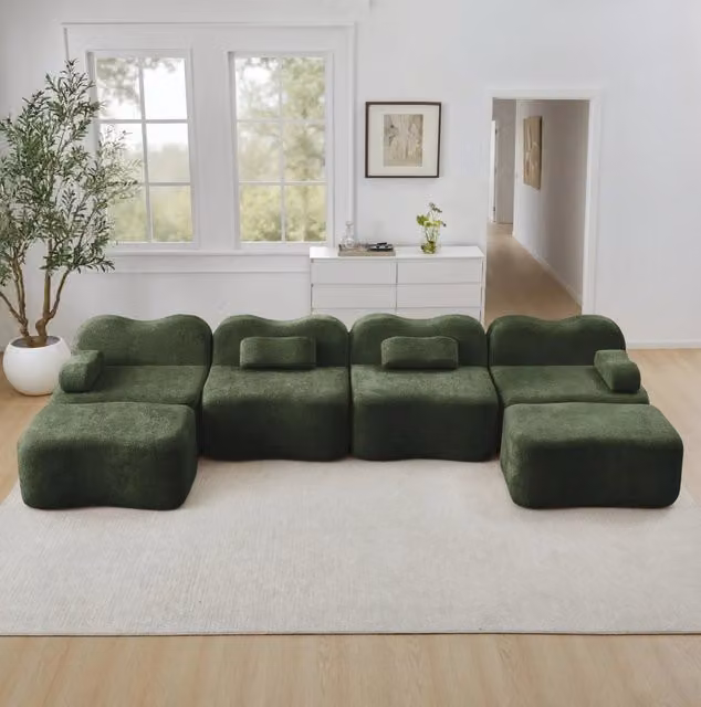 Divano modulare U 4 posti 384x167x70 cm in velluto verde, senza montaggio, per soggiorni –