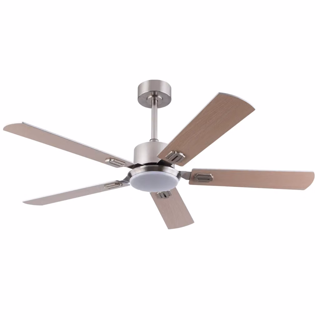 Ventilatore da soffitto moderno in metallo e legno color argento con luce dimmerabile, telecomando e timer – 2