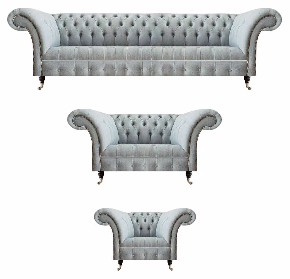 Chesterfield Wohnzimmer Garnitur Hellgraue Polstercouchen 3tlg Sitzset