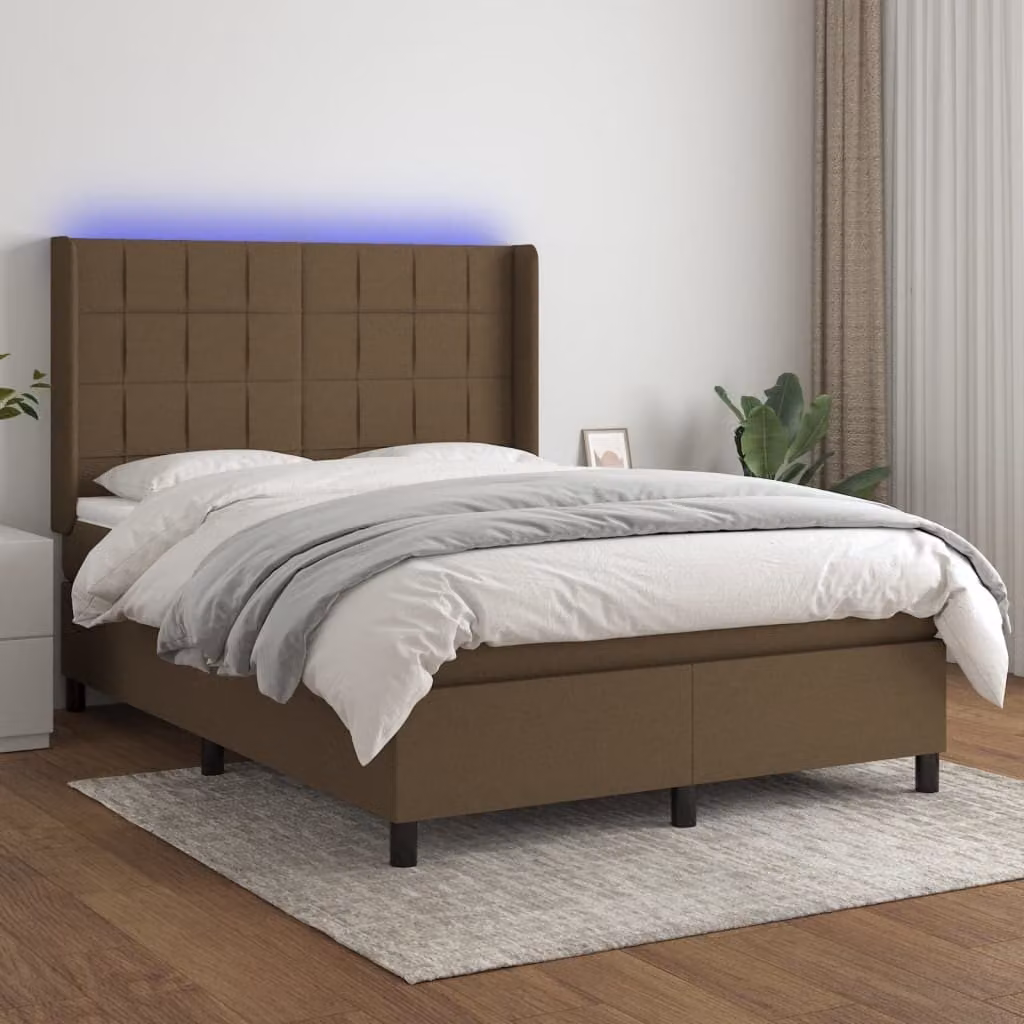 Maison Exclusive - Letto boxspring con materasso e illuminazione a LED, marrone scuro, 140x190 cm, rivestimento in tessuto