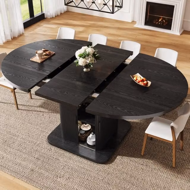 Tavolo da pranzo ovale allungabile 110-150x110 cm con contenitore; MDF nero