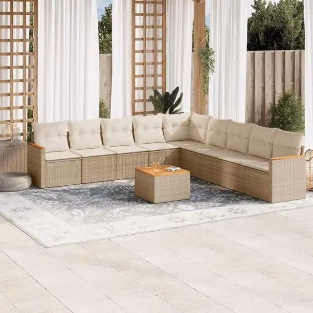 Set Divano da Giardino a L vidaXL in Polyrattan con Cuscini Beige e Tavolino da Esterno, 10 Pezzi