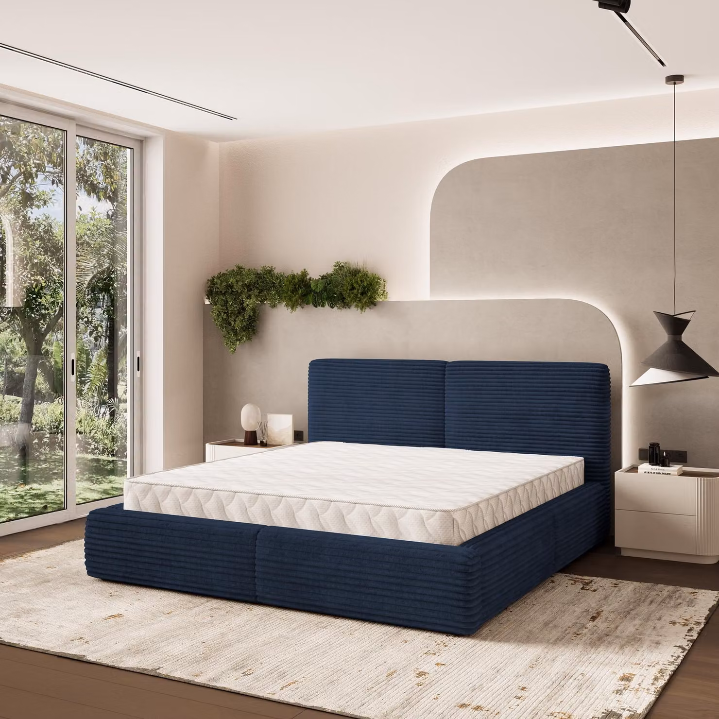 Letto imbottito Masseno FELURO 140x200 cm, letto imbottito con cassetti - Blu, TILIA 77