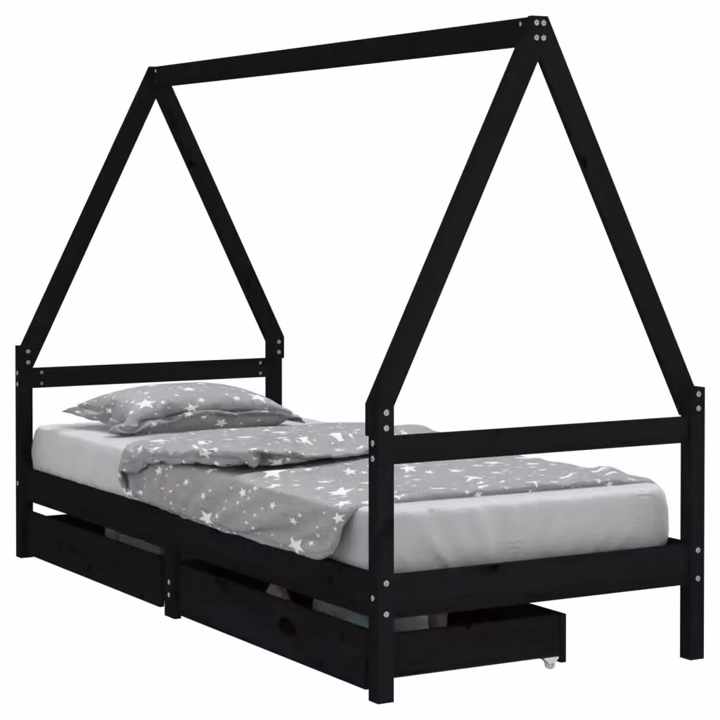 Letto a casetta per bambini vidaXL in legno massello di pino con cassetti nero L 200 cm x P 90 cm x H 143 cm – 2