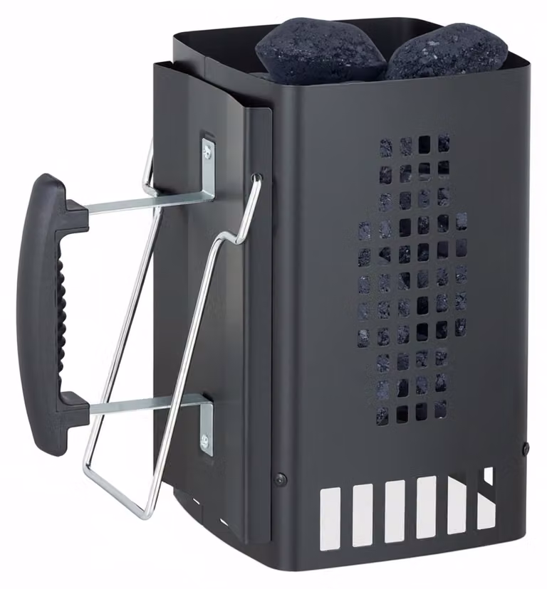 Relaxdays - Camino di accensione per barbecue, con manico di sicurezza e staffa di sostegno, D x L x A: 27 x 28 x 17 cm, ausilio per l'accensione del carbone da barbecue, nero