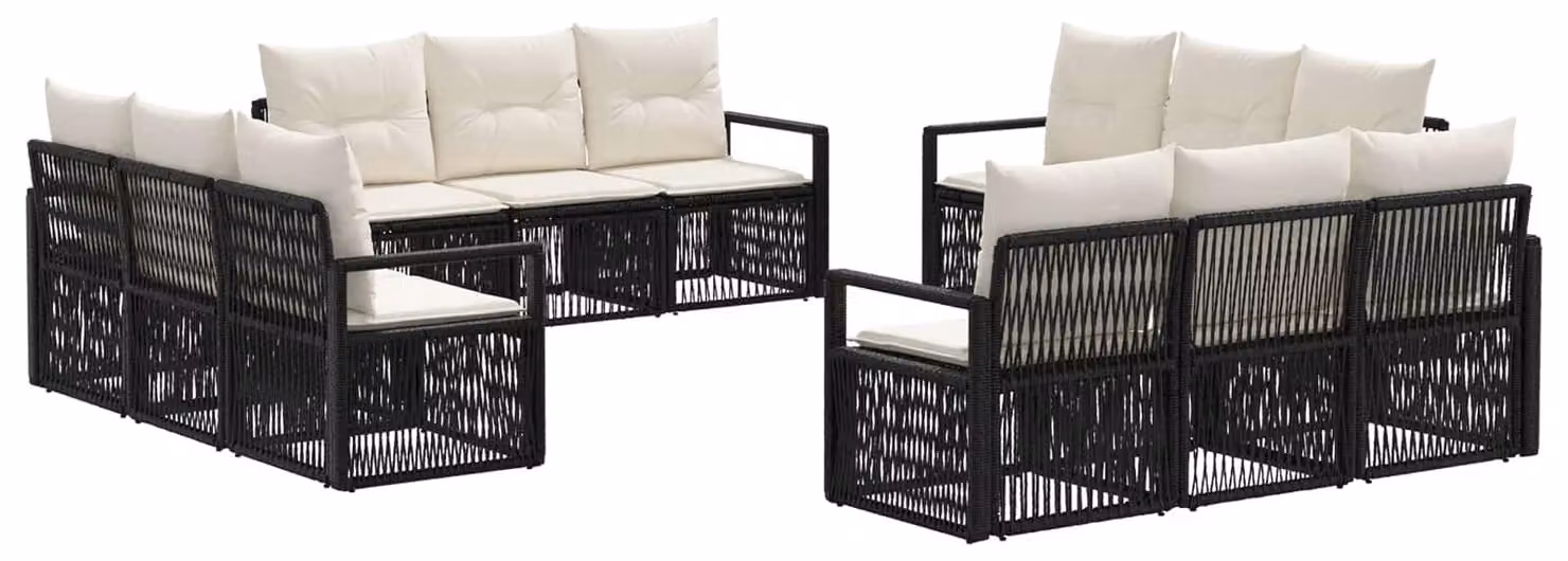 Set di divani da giardino, 12 pezzi, in rattan sintetico nero