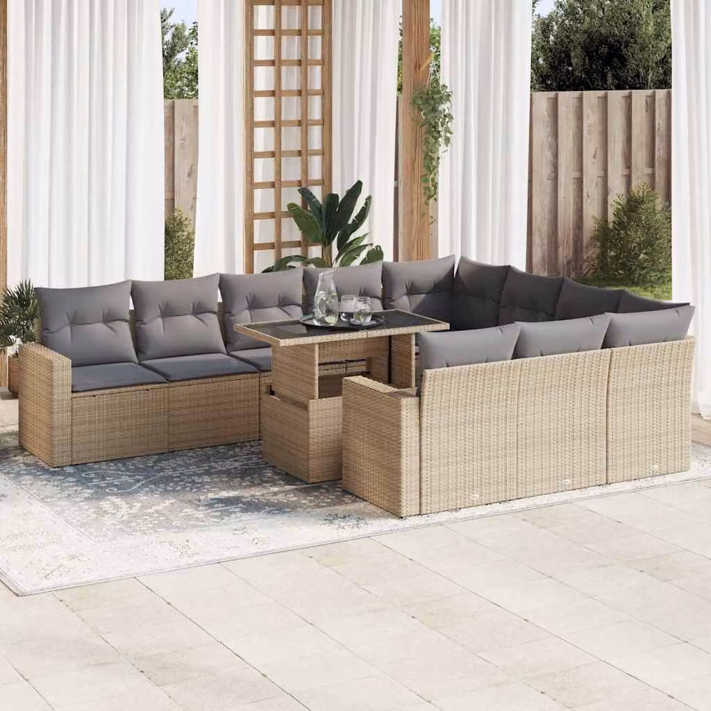 Set di divani da giardino vidaXL in polyrattan con cuscini beige e grigi per esterno e terrazza