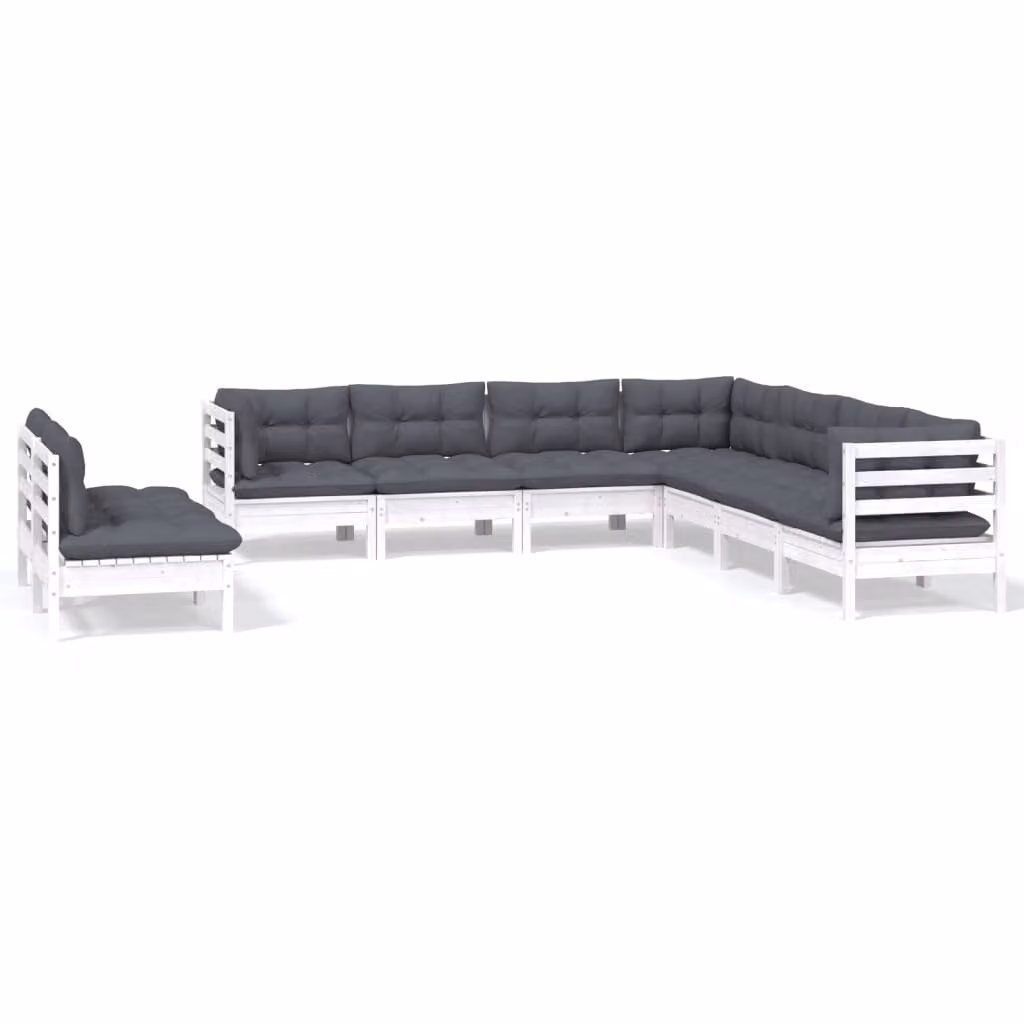 Set Divani da Giardino 9 pz con Cuscini Bianchi Legno di Pino