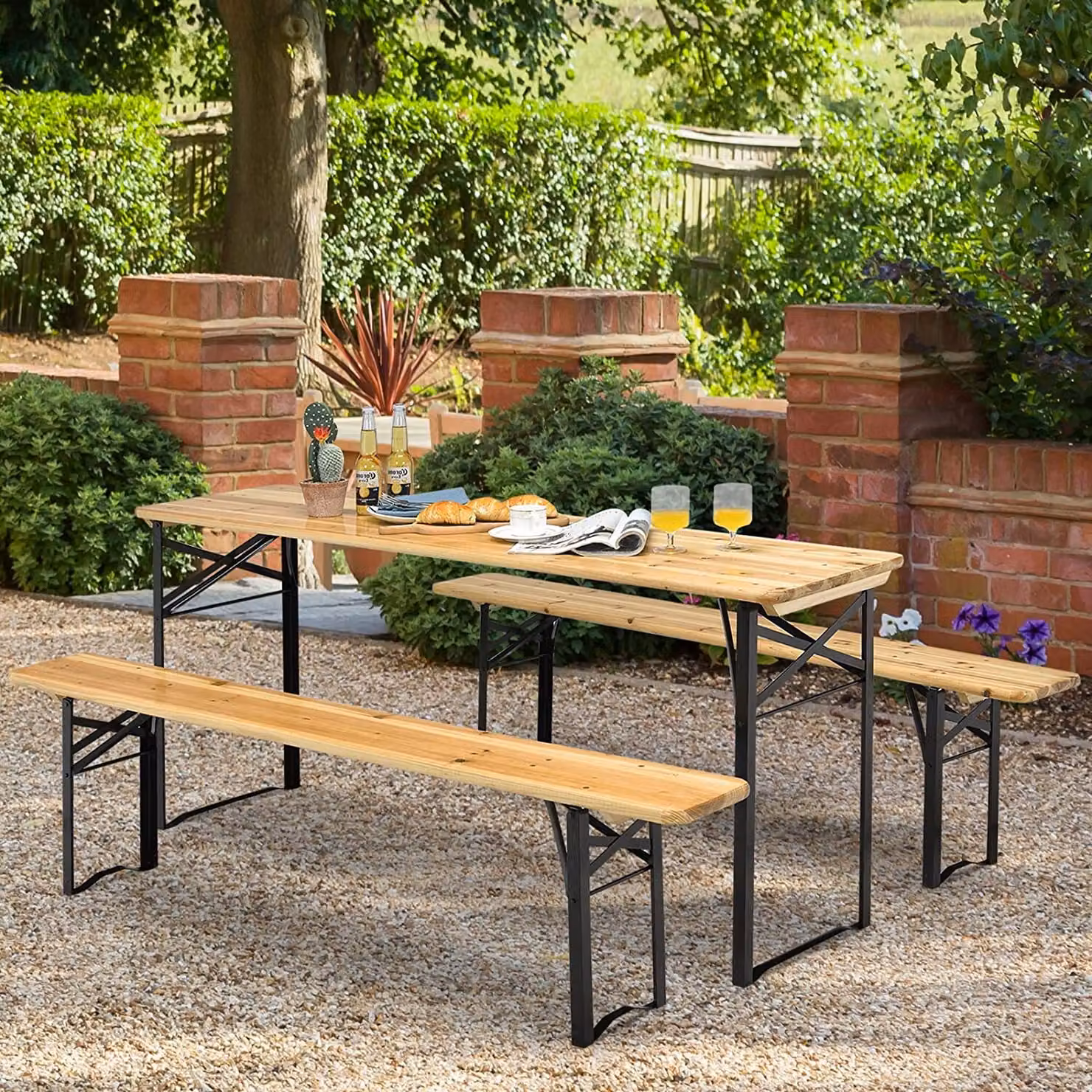 Tavolo da campeggio e panche, pieghevoli, tavolo da picnic in legno con telaio e gambe in ferro robusto, adatto per terrazze, grigliate e feste in giardino, portata massima 300 kg
