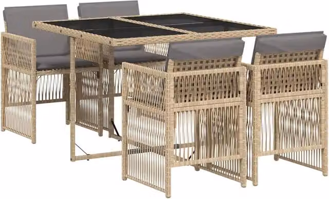 Set Pranzo da Giardino 5 pz | Set Salotto da Giardino con Cuscini Beige Misto Polyrattan