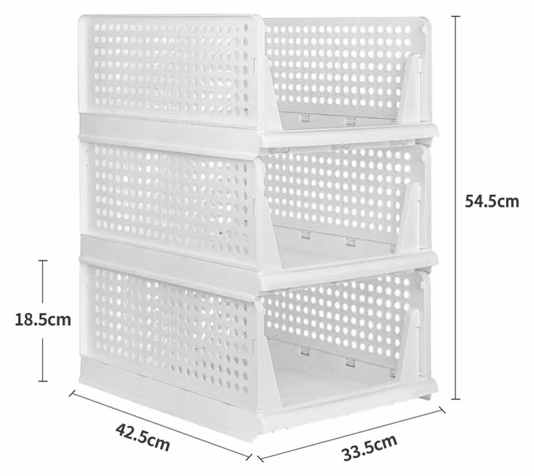 Contenitori per abiti - Set da 3 pezzi, taglia L. Organizzatori per armadio - Scorrevoli - Impilabili - Pieghevoli. Materiale: plastica. Colore: bianco