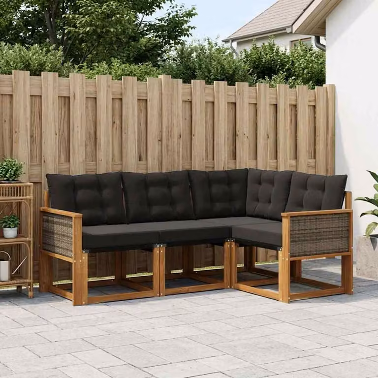 Set di divani da esterno vidaXL 4 pezzi in legno di acacia e textilene, composizione a L con cuscini inclusi, colore marrone e nero