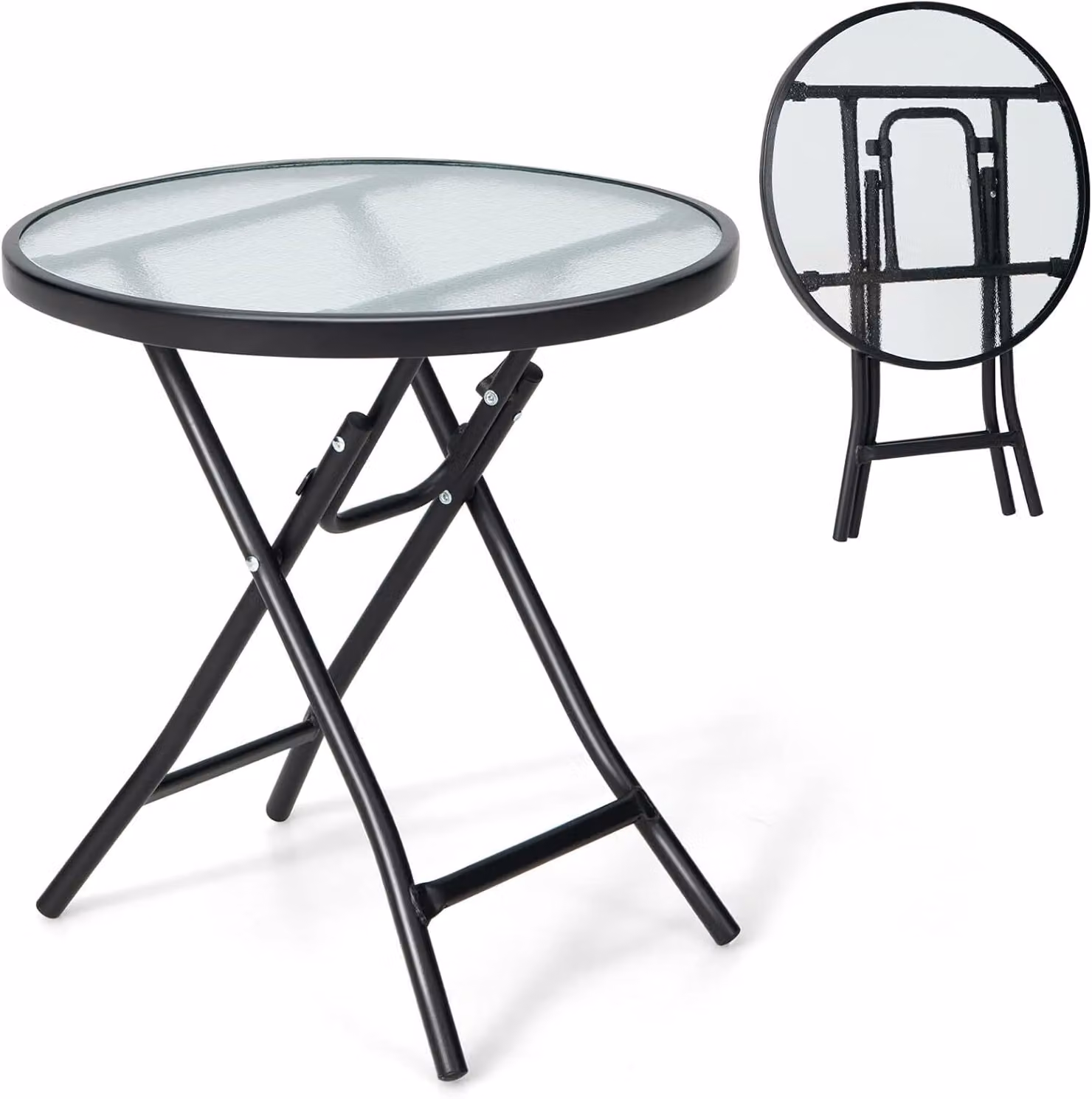 Tavolo da giardino pieghevole in vetro, tavolo da pranzo in vetro temperato, tavolino da salotto, tavolo da terrazza portatile (rotondo)