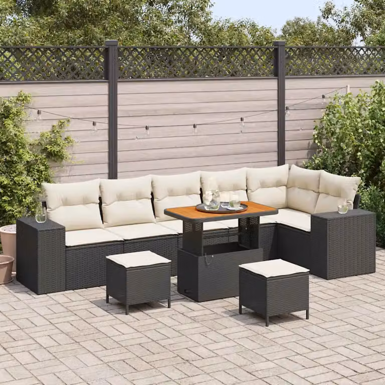 Set Divano da Giardino a L vidaXL 9 pz Nero e Beige con Cuscini e Tavolino