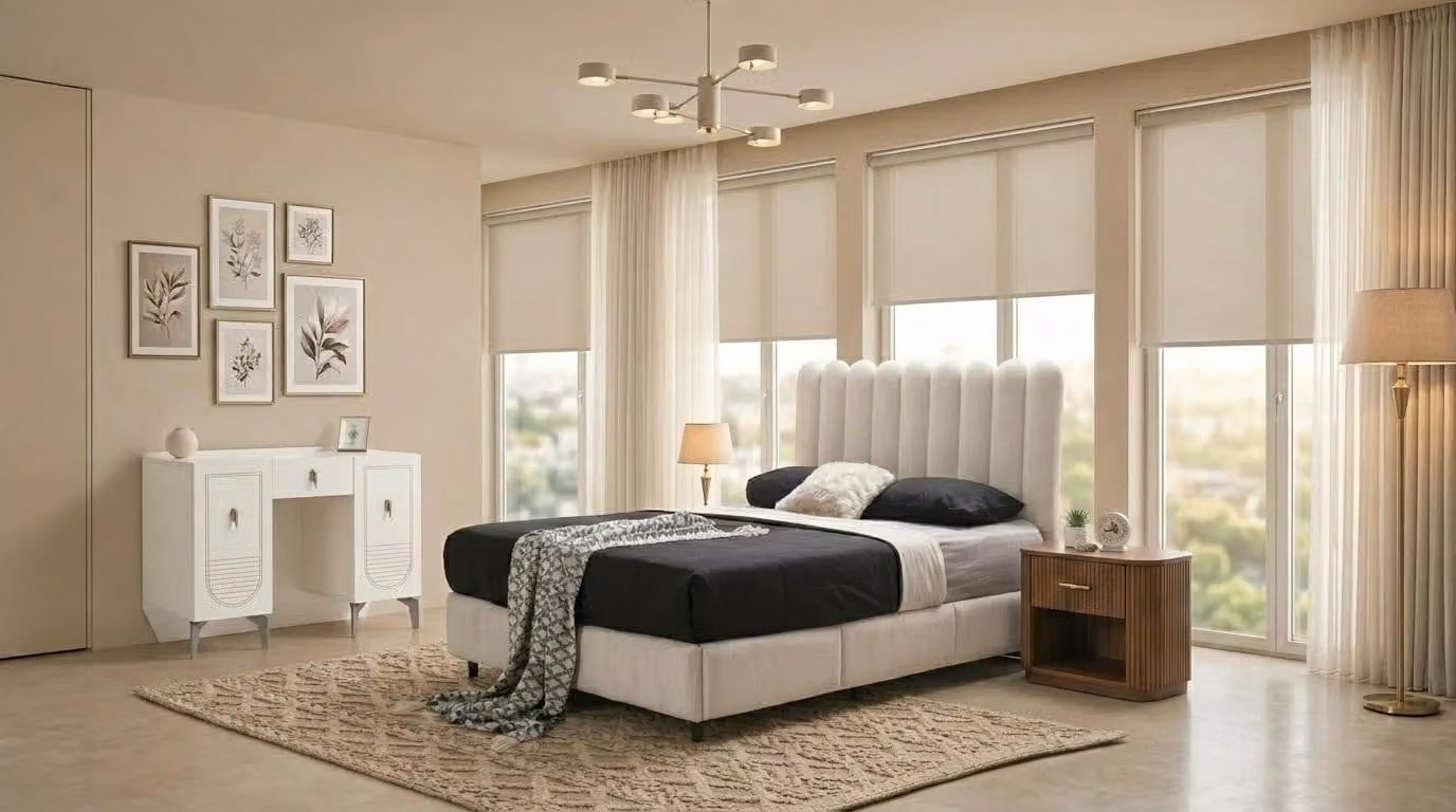 Set per camera da letto: letto, testiera, comodino. Design moderno, legno bianco, confortevole