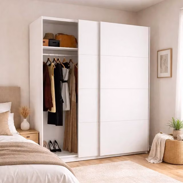 Armadio Alias DMORA con 2 ante scorrevoli per camera da letto, Bianco lucido, L: 180 cm, P: 65 cm, H: 204 cm – 1