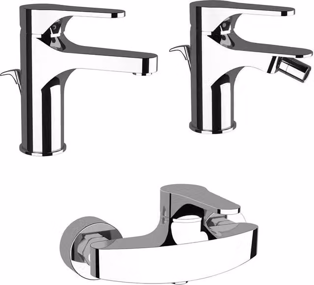 Set di rubinetteria Rubinetterie Mariani Linea Surf per lavabo, bidet e doccia esterna con kit doccetta in ottone color cromo