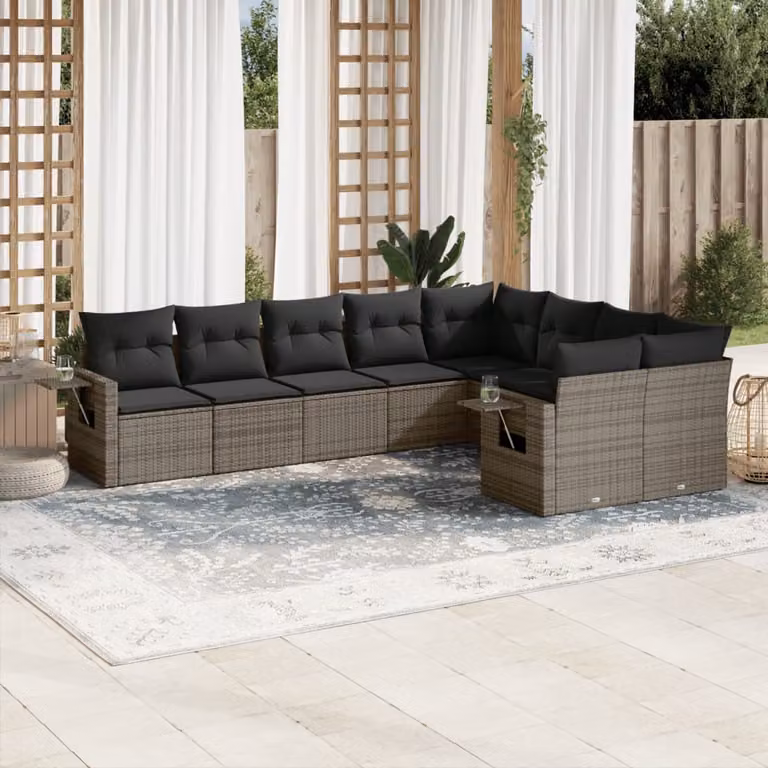 vidaXL Set Divano da Giardino a L 9 pz Grigio con Cuscini in Polyrattan e Acciaio Verniciato a Polvere