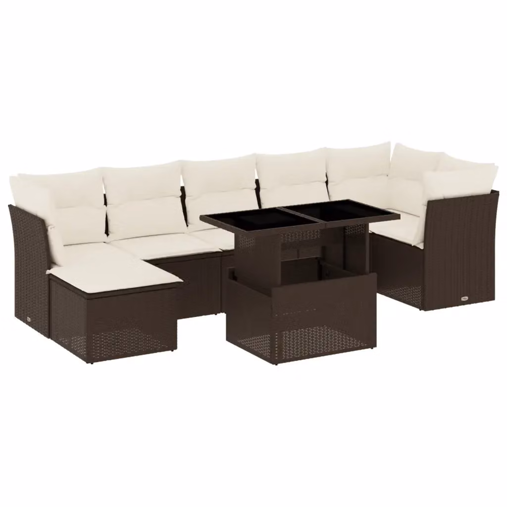 vidaXL Set Divani da Giardino 8 pz in Polyrattan Marrone con Cuscini Bianchi e Tavolino da Esterno – 2