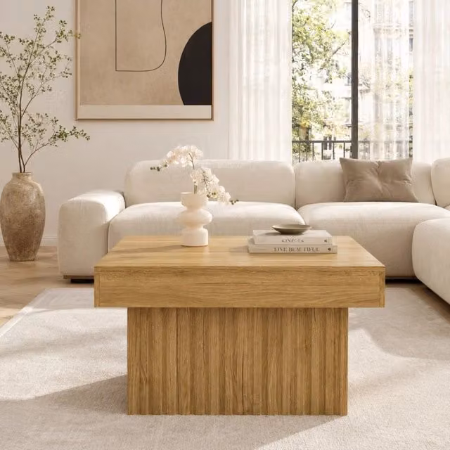 Tavolino basso fisso quadrato con piano in pannello truciolare e base in MDF naturale per soggiorno 79 × 79 × 46 cm